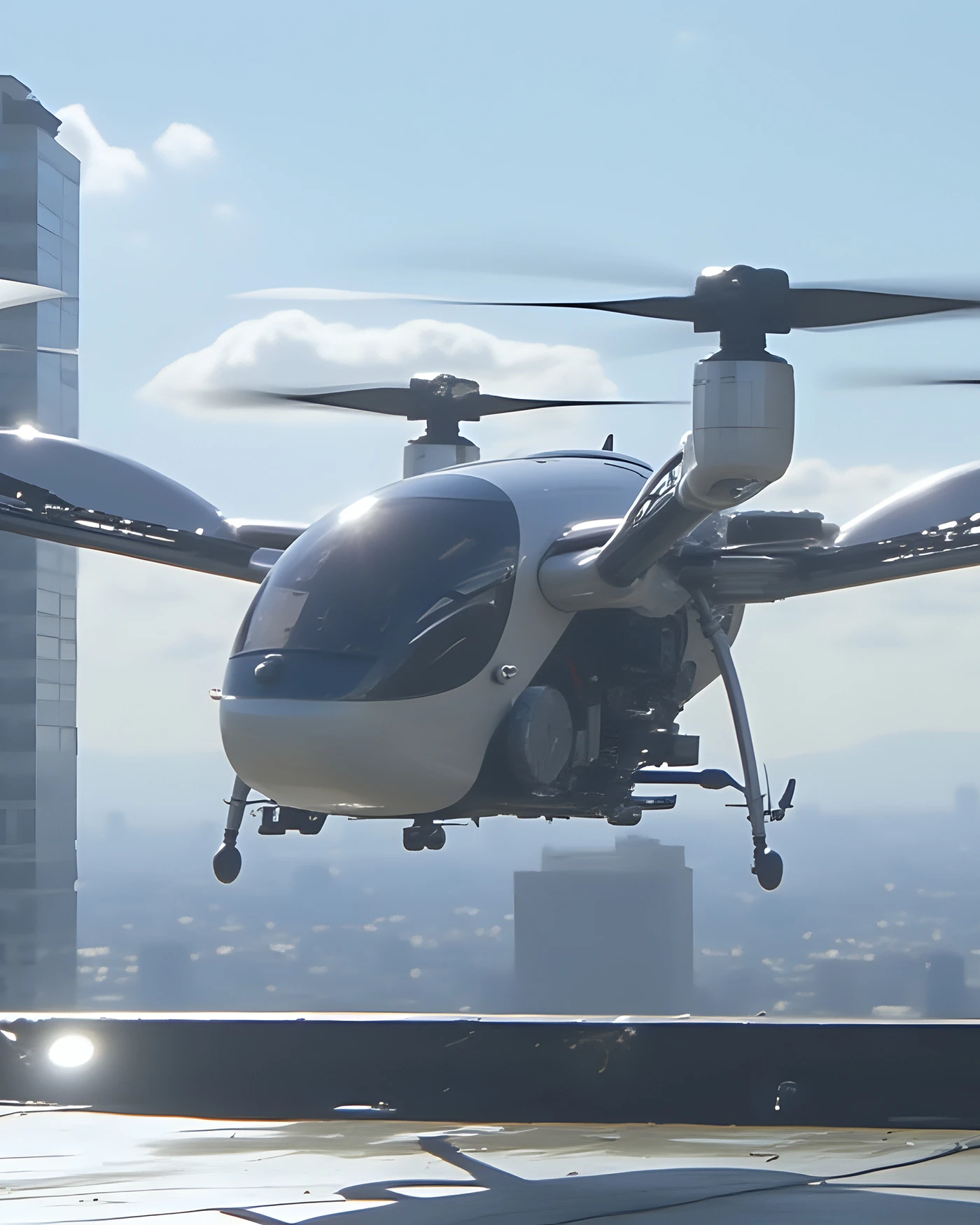advanced air mobility eVTOL aircraft near a city vertiport highlighting emerging air taxi transportation and potential accident risks in Orlando, Florida