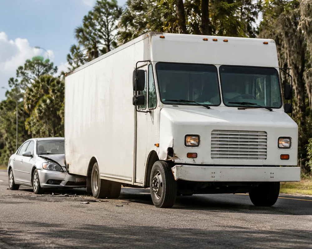 Generic delivery truck and passenger vehicle collision representing FedEx truck and delivery van accident lawyer services in Orlando and Central Florida.